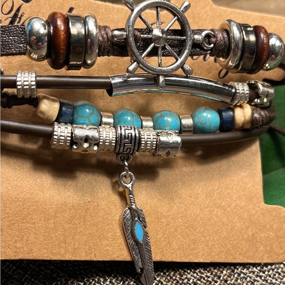 2305-PCM Turquoise, Silver, & Wooden Beads, Pendants Leather 4 Layer Bracelet - Picture 12 of 12